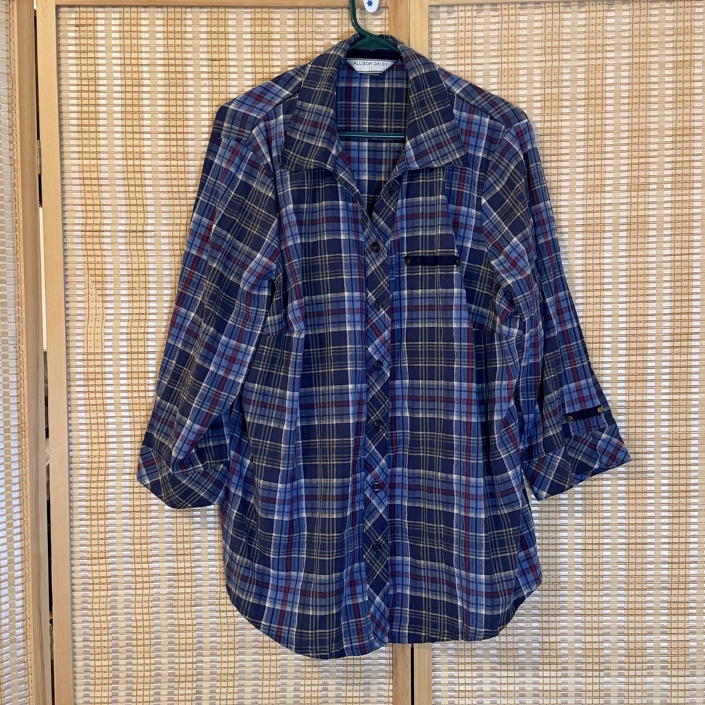 Allison Daley Womens 22 Shirt Plaid 3/4 Sleeve Button Up Blue Western Ranchcore